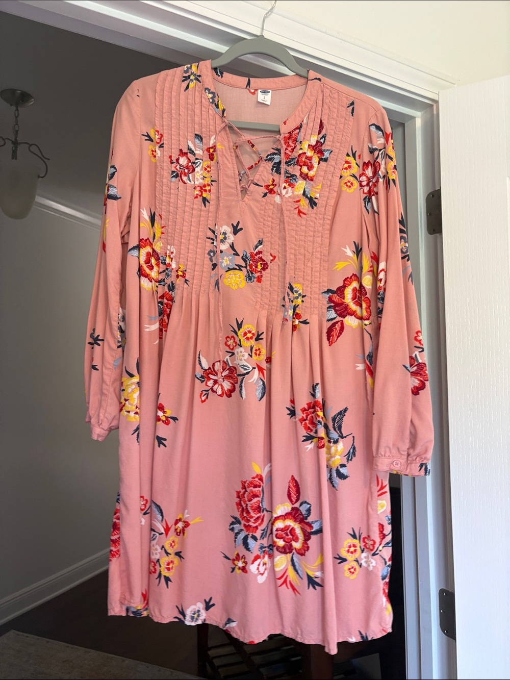 Old Navy Pink Floral Pintuck Babydoll Dress